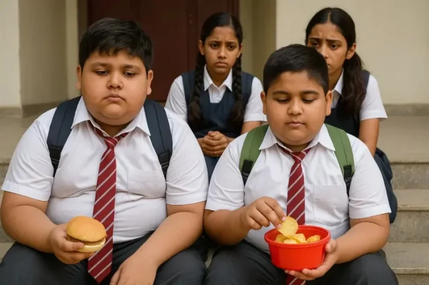 Indian school children eating fast food and sugary drinks, symbolizing rising childhood obesity