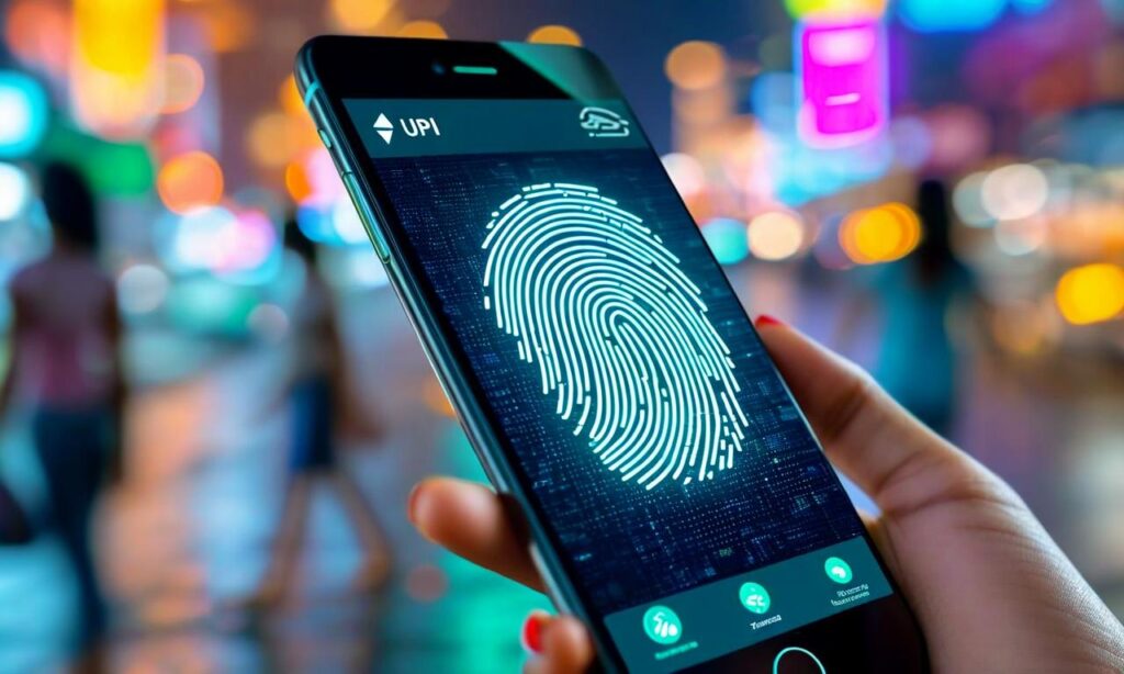 User verifying UPI transaction through fingerprint scanner under India’s new biometric payment system
