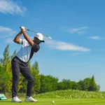 Golfer swinging on a lush green golf course symbolizing fitness and focus