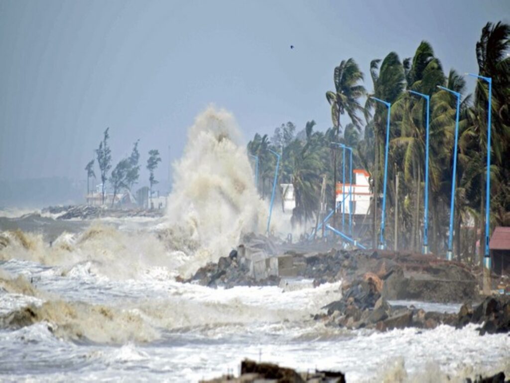 Climate change temperature rise chart showing warmer ocean waters contributing to stronger cyclones in India.