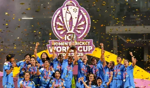 India women cricket team celebrating World Cup 2025 victory against South Africa