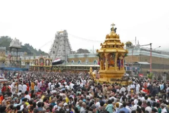 Devotees gather outside the Venkateswara Swamy Temple in Srikakulam after the tragic Andhra Pradesh temple stampede that claimed nine lives.