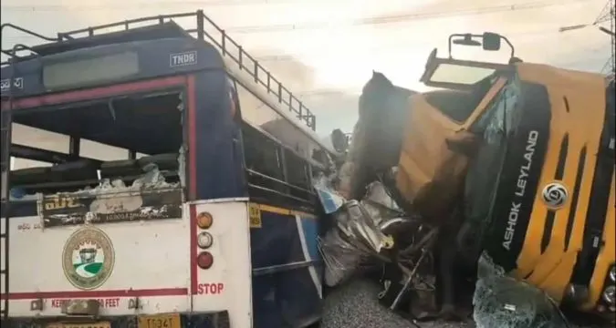 Wreckage of TSRTC bus and tipper truck after collision near Mirjaguda on Hyderabad–Bijapur Highway, Telangana