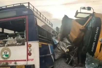 Wreckage of TSRTC bus and tipper truck after collision near Mirjaguda on Hyderabad–Bijapur Highway, Telangana