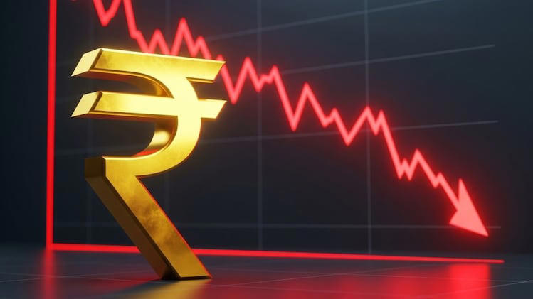 Indian rupee falling against US dollar in late 2025 showing currency depreciation trend.