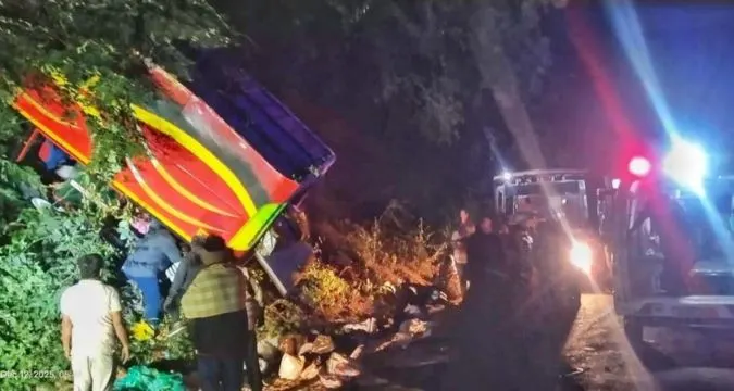 Damaged tourist bus on ghat road in Andhra Pradesh forest – crime news coverage