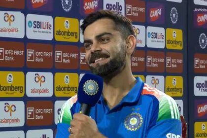 Virat Kohli celebrating a historic milestone in international cricket