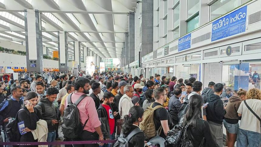 Passengers waiting in long queues at an Indian airport due to IndiGo flight delays and cancellations.