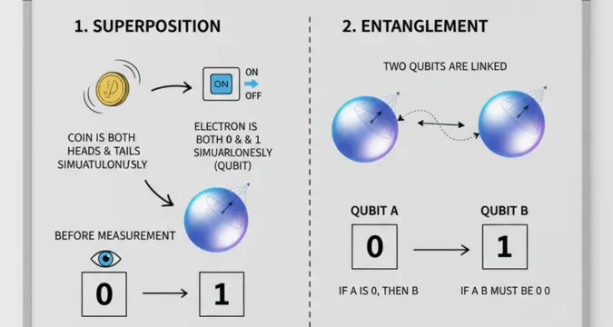A classroom-style infographic explaining superposition and entanglement using simple icons, arrows, and short labels, designed for students.