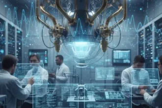 A conceptual image of a quantum computer lab with researchers, dilution refrigerator, and abstract quantum wave overlays, realistic but educational tone.