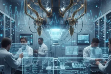 A conceptual image of a quantum computer lab with researchers, dilution refrigerator, and abstract quantum wave overlays, realistic but educational tone.