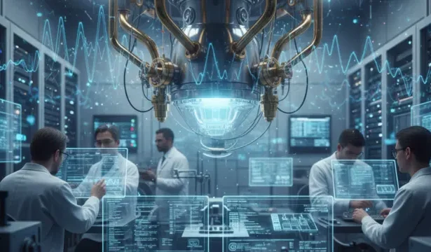 A conceptual image of a quantum computer lab with researchers, dilution refrigerator, and abstract quantum wave overlays, realistic but educational tone.