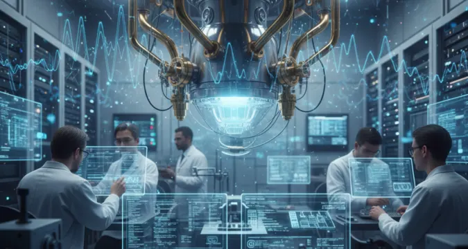 A conceptual image of a quantum computer lab with researchers, dilution refrigerator, and abstract quantum wave overlays, realistic but educational tone.