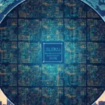 A high-resolution illustration of a silicon wafer with intricate circuit patterns, set against a backdrop of global supply chain maps and factory silhouettes