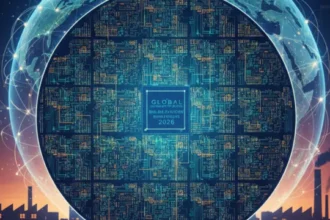 A high-resolution illustration of a silicon wafer with intricate circuit patterns, set against a backdrop of global supply chain maps and factory silhouettes