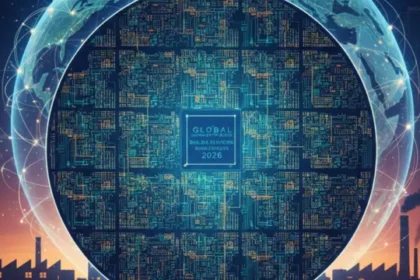 A high-resolution illustration of a silicon wafer with intricate circuit patterns, set against a backdrop of global supply chain maps and factory silhouettes