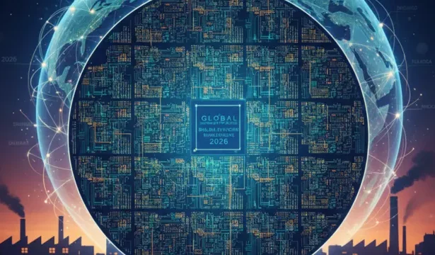 A high-resolution illustration of a silicon wafer with intricate circuit patterns, set against a backdrop of global supply chain maps and factory silhouettes