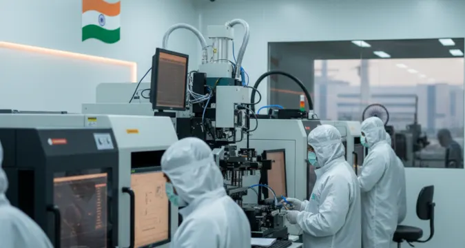 An image showing a semiconductor fabrication plant with engineers in cleanroom suits, alongside subtle Indian flag elements in the background.
