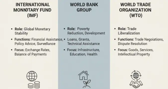 Difference between IMF World Bank and WTO explained visually