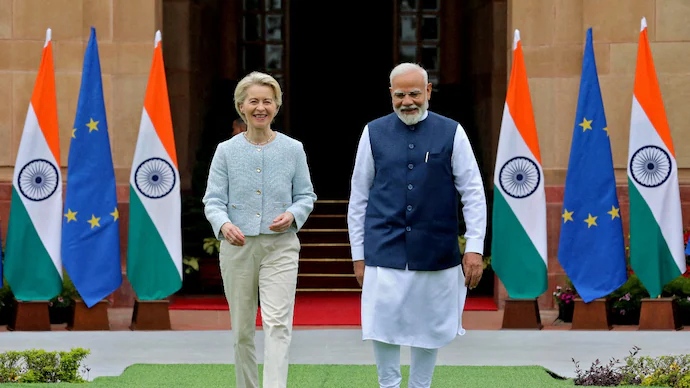 Indian and European Union flags symbolizing the India–EU strategic partnership