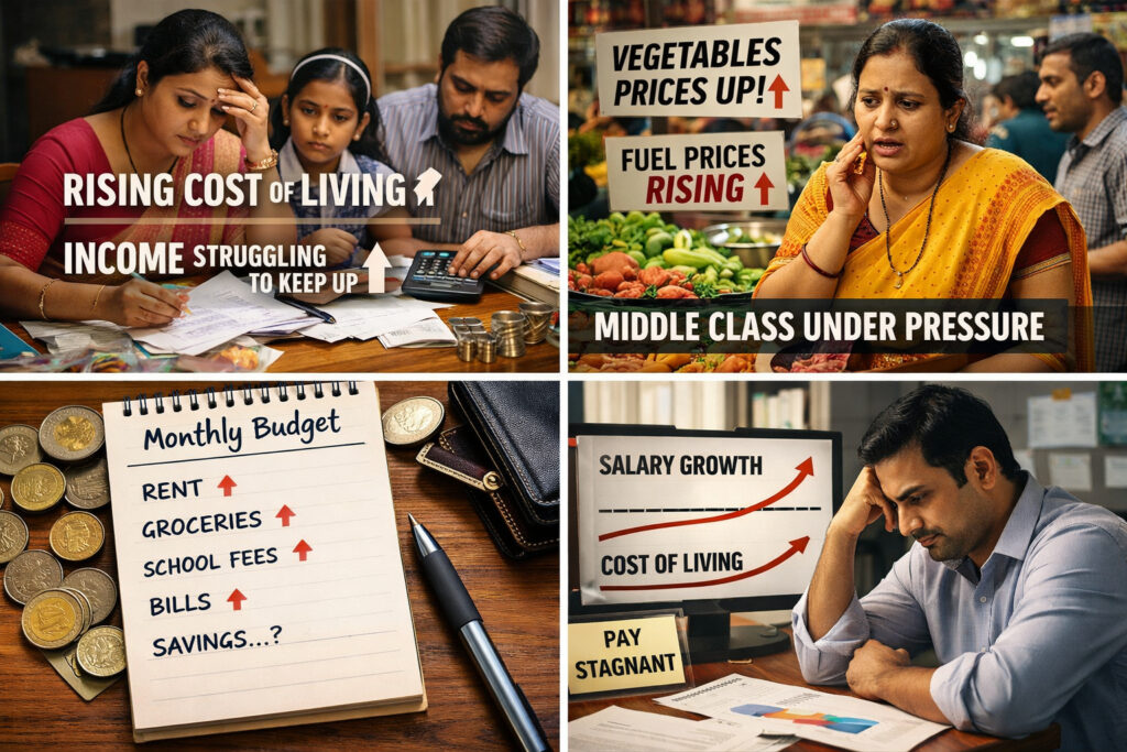 Indian middle class family calculating monthly expenses at home as prices rise faster than income