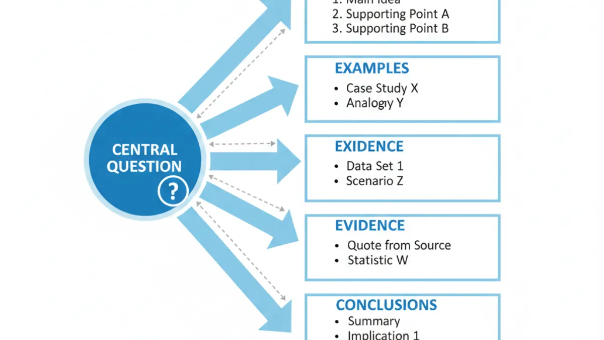 A conceptual diagram showing ideas moving from a central question into ordered points, examples, and conclusions