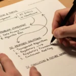 A student writing an exam answer sheet where ideas are arranged into clear sections with headings and arrows showing logical flow