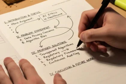 A student writing an exam answer sheet where ideas are arranged into clear sections with headings and arrows showing logical flow