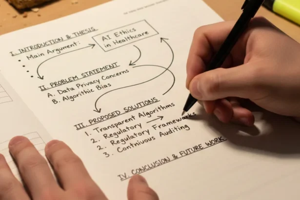 A student writing an exam answer sheet where ideas are arranged into clear sections with headings and arrows showing logical flow