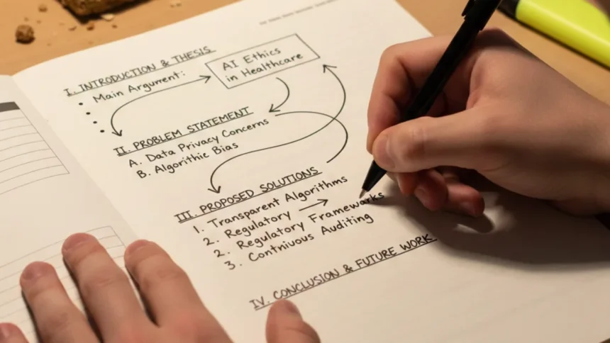 A student writing an exam answer sheet where ideas are arranged into clear sections with headings and arrows showing logical flow