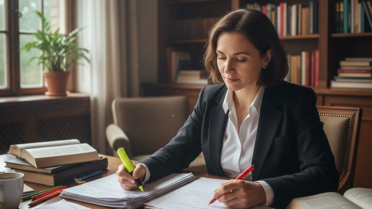 An examiner reviewing multiple written answer sheets at a desk, highlighting key points and making evaluation notes, calm academic setting