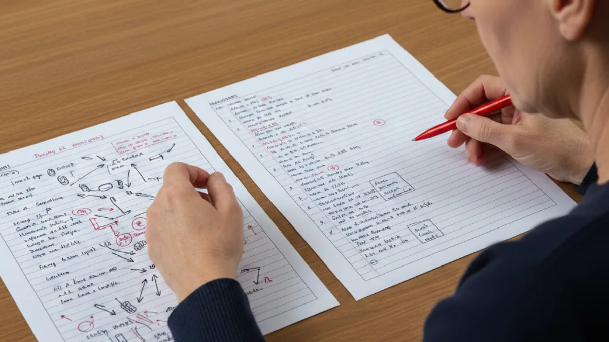 An examiner reviewing two answer sheets side by side—one cluttered and one neatly structured with margins and clear sequencing