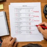 Aspirant performing self evaluation government exams mock analysis with categorized error log and marked answer sheet