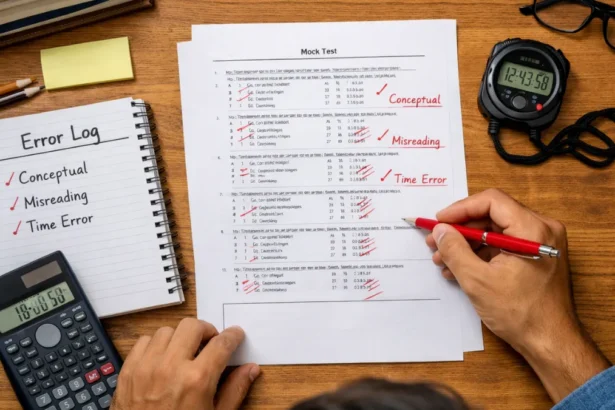 Aspirant performing self evaluation government exams mock analysis with categorized error log and marked answer sheet