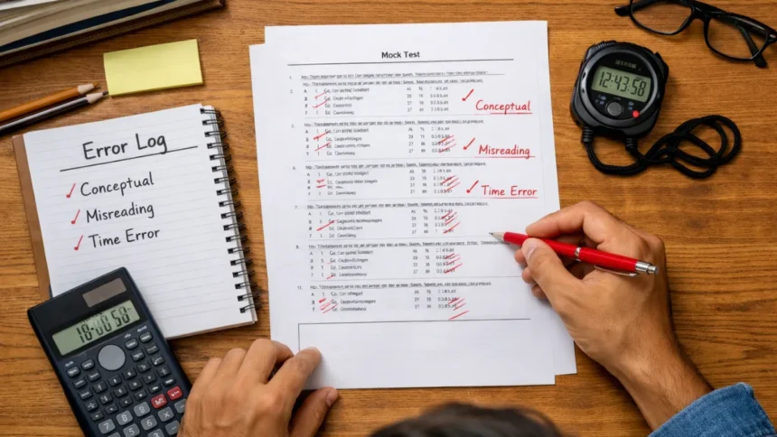 Aspirant performing self evaluation government exams mock analysis with categorized error log and marked answer sheet