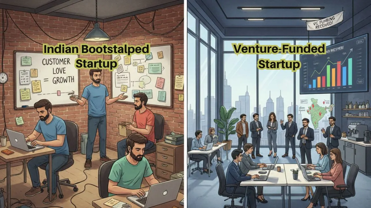 Bootstrapped vs venture-funded startups in India showing different growth paths