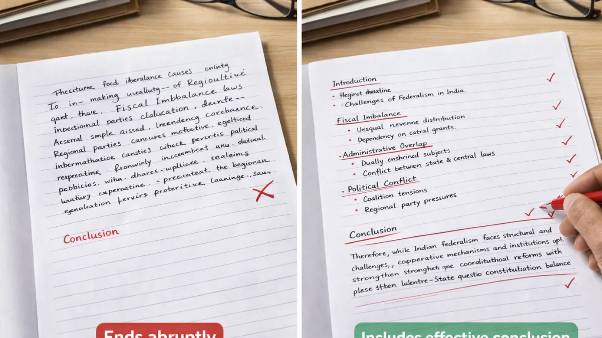 Comparison between incomplete exam answer and structured answer with effective conclusion writing