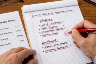 Examiner checking government exam answer sheet with red pen during evaluation process.