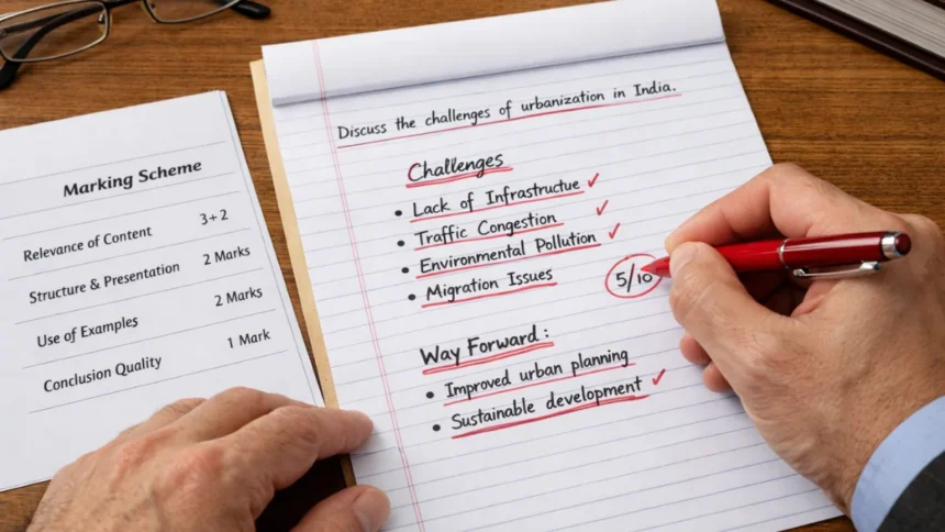 Examiner checking government exam answer sheet with red pen during evaluation process.