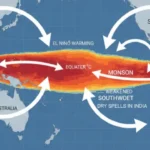 A detailed global climate map showing Pacific Ocean temperature anomalies with arrows indicating atmospheric circulation changes reaching South Asia.