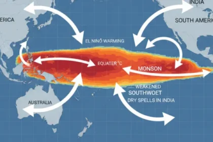 A detailed global climate map showing Pacific Ocean temperature anomalies with arrows indicating atmospheric circulation changes reaching South Asia.