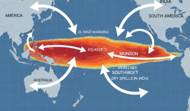 A detailed global climate map showing Pacific Ocean temperature anomalies with arrows indicating atmospheric circulation changes reaching South Asia.