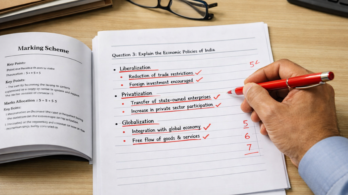 Government exam answer checking process with marking guidelines and structured answers.