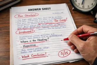 Government exam answer sheet evaluation showing common government exam mistakes in structure and presentation