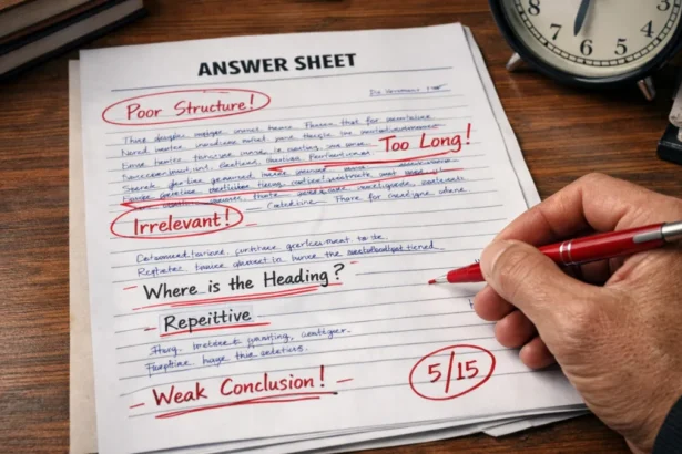 Government exam answer sheet evaluation showing common government exam mistakes in structure and presentation