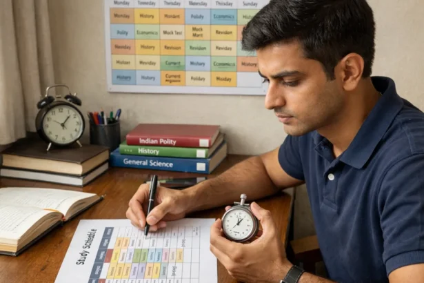 Government exam aspirant planning study timetable with stopwatch and structured weekly calendar.