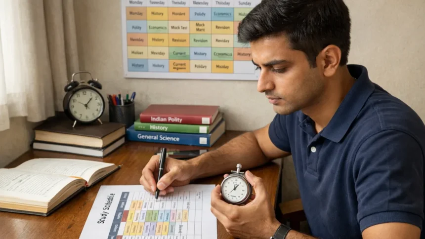 Government exam aspirant planning study timetable with stopwatch and structured weekly calendar.