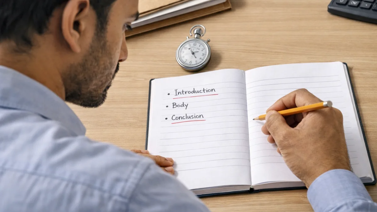 Government exam aspirant practicing conclusion writing strategy with structured answer format