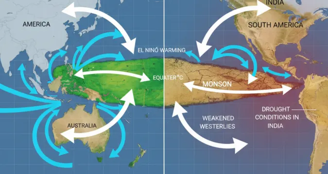 Side-by-side visualization of normal monsoon winds versus disrupted monsoon flow across the Indian Ocean region.