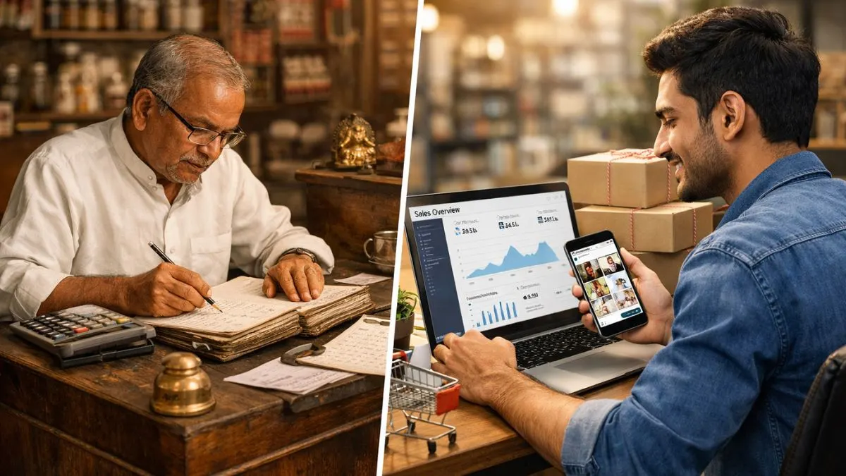 Indian family business transitioning from traditional dukan to digital startup with laptop and inventory system